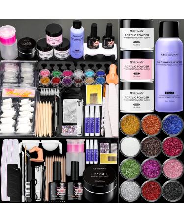 Morovan Acrylic Nail Kit with 12 Glitter Powder Set - Professional Acrylic Nail Powder Monomer Acrylic Nail Liquid Set French Nail Tips  Practice Hand for Acrylic Nails Brushes Nail Art Tools Decoration DIY Nail Kit