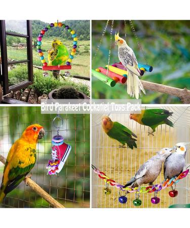 Bird Parakeet Cockatiel Toy Set - 19 Pcs Bird Cage Swing, Hammock, Chewing Toys & Wooden Perches for Conures, Love Birds, Finches, Budgies - Buy Online on SooperMarket.com