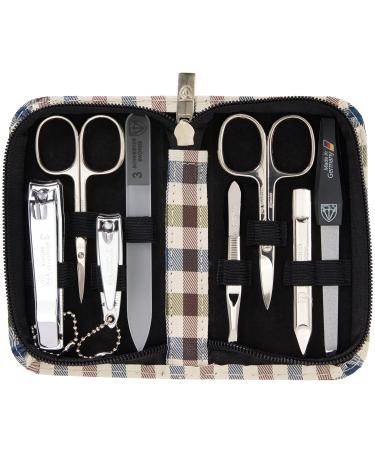 Three swords - 8 pcs.Manicure set 'Roma' |High quality nail care set in a checkered synthetic leather case |Contents: nail scissors set foot and nail clips tweezers glass nail files sapphire nail file checkered - synthetic leather