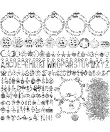 Highergo 469 Pieces Bangles Making Kit, 10 Pieces Round Link Chain Bracelets with OT Toggle Clasp, 159 Pieces Moon Stars Tibetan Silver Charms and 300 Pieces Open Jump Ring for Jewelry Making