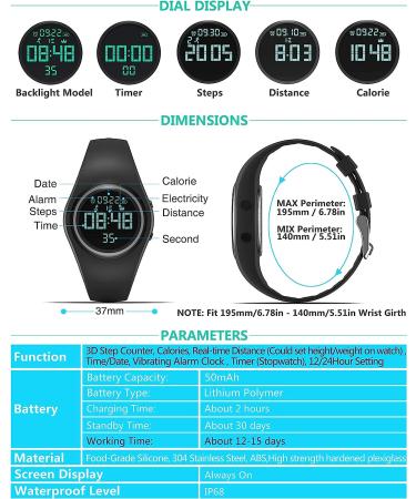 Synwee Kids Fitness Tracker Watch - IP68 Waterproof Non-Bluetooth Pedometer/Vibration Alarm Clock/Timer - Black - Buy Online on SooperMarket.com