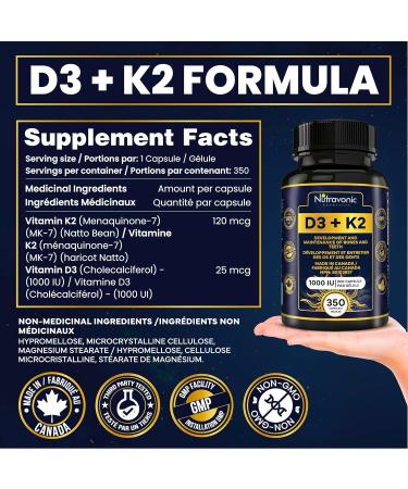 New! 350 Vegan Capsules of Vitamin D3 K2 High Potency 1000 IU D3 (25 mcg) / 120 mcg K2 (MK-7) - Year Long Supply Vitamin D - Helps Maintain Bone & Teeth Health - Formulated With MK-7 Natto Bean For Best Results - Immune System Support Vegan - Made In Cana - Buy Online on SooperMarket.com