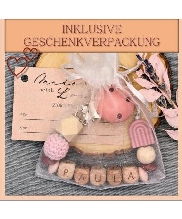Personalized Storchenkind Baby Gift - Custom Name | Various Colors | Gift Packaging Included | Laser-Engraved Wooden Letters | Food-Safe Silicone | Boys & Girls - Buy Online on SooperMarket.com