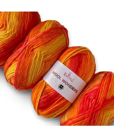 Wool Wonders Medium Heavy Worsted/Aran Weight 4 Super Soft Variegated Yarn for Knitting and Crochet  30% Australian Wool and 70% Acrylic  4 Skeins  400g/640yds (Flaming Orange) Flaming Orange 4 Skeins