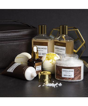 Sandalwood Bath Gift Set for Him - Personal Care Spa Kit in Leather Bag | Relaxing Man Gift Basket with Shower Gel, Bubble Bath, Body Oil, Bath Bomb & More - Buy Online on SooperMarket.com
