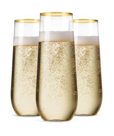 48 Pack Stemless Plastic Champagne Flutes Disposable 9 Oz Gold Rim Clear Plastic Toasting Glasses Shatterproof Recyclable and BPA-Free