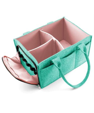 Mollieollie Premium Baby Diaper Caddy Organizer | Portable Nursery Storage Bin | Planner Caddy | Portable Craft Storage Organizer | Car Seat Tote with Zipper Pocket & 5mm Heavy Duty Felt (Teal/Rose)
