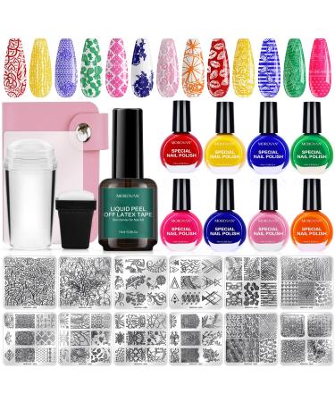 Morovan Stamping Nail Polish Gel - 8 Colors Nail Stamping Plates Set 10ml Large Capacity Nail Art Stamper Kit with Liquid Latex for Nails 12 Pcs Nail Stamping Templates 2 Pcs Nail Stamper Scraper Stamp Storge Bag Nail Ar...