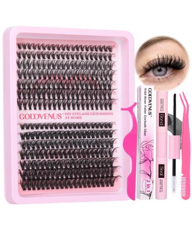 Goddvenus Eyelash Extension Kit Lash Extension Kit 280Pcs Individual Eyelashes D Curl Russian Cluster Lashes Glue Bond and Seal and Tweezers DIY Cluster Lashes Kit B-280pcs