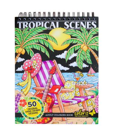 ColorIt Colorful Tropical Scenes Adult Coloring Book - 50 Single-Sided Designs, Thick Smooth Paper, Lay Flat Hardback Covers, Spiral Bound, USA Printed, Tropical Pages to Color