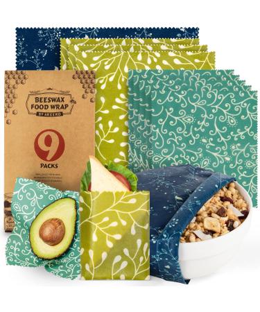 Reusable Food Wraps w/Beeswax Assorted 9 Packs - Eco-Friendly Reusable Wraps, Biodegradable, Zero Waste, Organic, Sustainable, Plastic-Free Food Storage, 5S, 3M, 1L w/ Abstract Curves Pattern