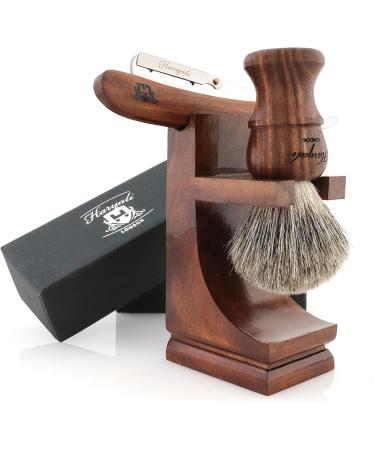 Haryali London Men's Wooden Shaving Set - Straight Razor Black Badger Hair & Stand | Best International Shipping - Buy Online on SooperMarket.com