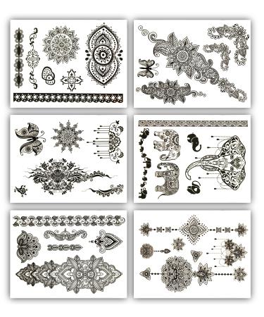 Terra Tattoos Black Mehndi Inspired Temporary Tattoos 50+ Henna Designs Flowers  Elephants  Mandalas Waterproof Nontoxic Long Lasting Perfect for Beach  Festivals  & more!