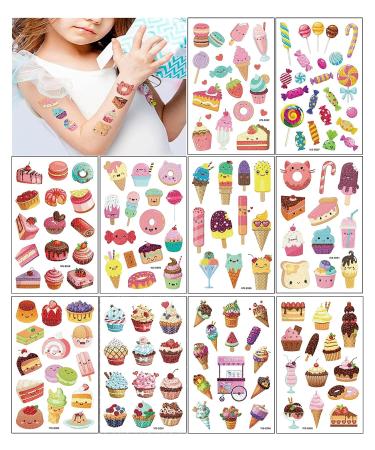 141Pcs TopFunny Glitter Temporary Tattoos for Girls - Ice Cream & Cookie Designs | Cute Waterproof Stickers for Birthday Parties - 10 Sheets - Buy Online on SooperMarket.com