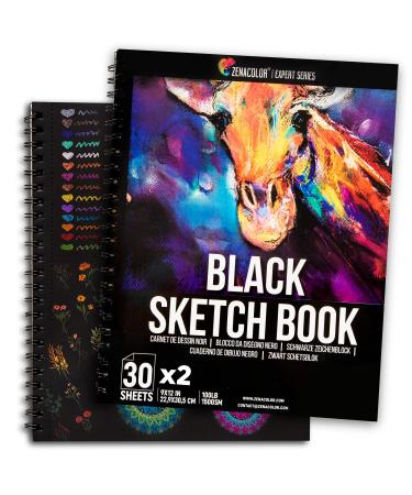 Black Sketchbook (Pack of 2, 60 Sheets) 9X12 - Heavyweight Paper 150GSM / 100 lbs, Perfect for Graphite & Colored Pencils, Charcoal, Chalk, Pack of 2 x Professional Black Drawing Paper ZENACOLOR