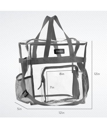 Clear Stadium Approved Tote Bag with Mesh Pockets, Zippered Top, and Shoulder Straps - Ideal for Work, School, Games, and Concerts - Clear/Grey Trim - Buy Online on SooperMarket.com