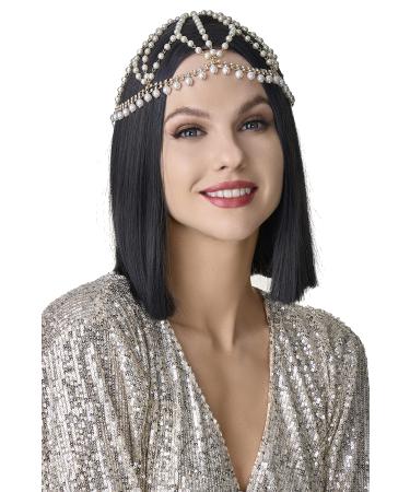 BABEYOND 1920s Crystal Cap Headpiece Rhinestone Head Chain Roaring 20s Great Gatsby Hair Accessories for Art Deco Party (Gold Pearl)