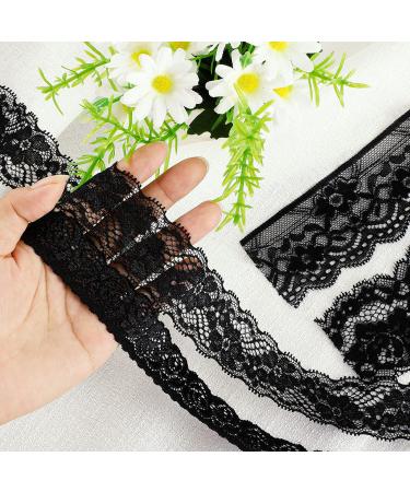 4 Rolls 24 Yards Floral Lace Ribbon Stretch Floral Pattern Lace Ribbon Vintage Lace Ribbon Wide Black Tulle Lace Trim for DIY Crafts Sewing Present Wrapping Decoration