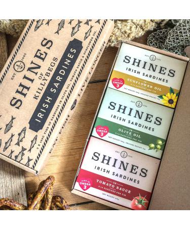 Pack of Shines Irish Tinned Sardines - 3 Flavours Tomato Sauce Olive Oil and Sunflower Oil - Pilchards - Low Carb and High Protein - Canned Fish High in Omega 3 - 3x 106g Cans - Buy Online on SooperMarket.com