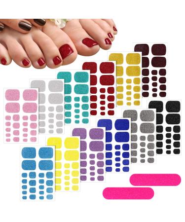 12 Sheets Glitter Toe Nail Wraps Self-Adhesive Toe Nail Polish Stickers Solid Color Nail Art Decals Strips Glittery Manicure Kit with 12 Styles and 2 Pieces Nail Files for Women Girls (Chic Colors)