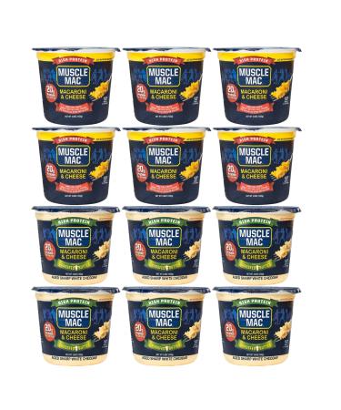 Muscle Mac High Protein Mac & Cheese Cups | 20g Protein Macaroni Made with Real Cheese | Microwaveable Cups GMO Free Dye & Colour Free | 3.6oz Cups Pack of 12 Cups (6 Cheddar & 6 Aged Sharp White Cheddar) Variety Pack of 12 Cups