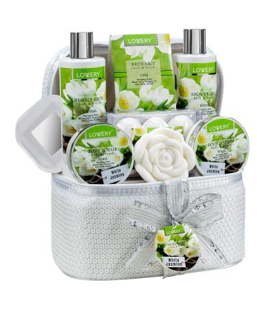 Fathers Day Bath and Body Gift Basket For Women & Men  14 Piece Set in White Jasmine Scent - Home Spa Set with 6 Bath Bombs  Body Lotion  Rose Soaps  Hand Crafted White Sequined Cosmetics Bag and More