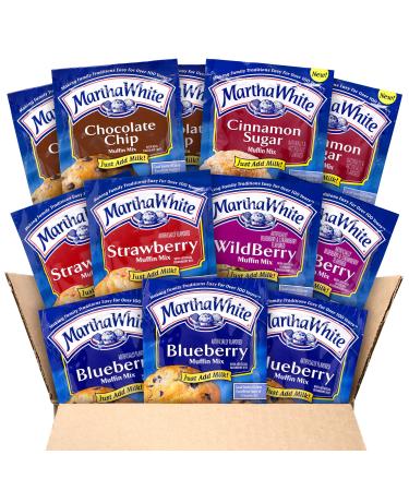 Martha White Muffin Mix Sampler Variety Pack, Pack of 12, Chocolate Chip, Blueberry, Strawberry, Cinnamon Sugar, Wildberry, Just Add Milk