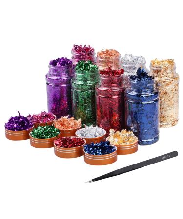 Gold Foil Flakes for Resin 8 Bottles Gilding Flakes Metal Gold Leaf Flakes for Nails,Crafts,Painting Art,Slime (Gold,Silver,Copper,Red,Blue,Purple,Green,Peach Color) 8 color