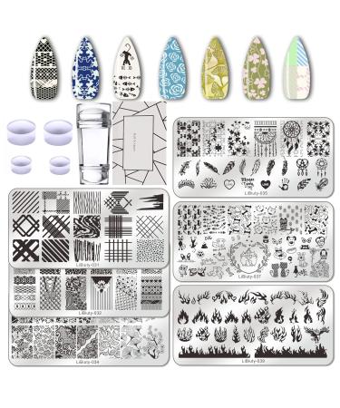 BUDOCI Nail Stamping Kit 6 Pcs Nail Template Set Nail Plates Nail Stamping Templates with Double Head Stamper & Scraper 6 Pcs Plates Kit
