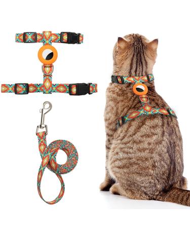 Cat Harness and Leash Escape Proof for Walking Travel Outdoor - Soft Nylon Adjustable Cute Cat Harness Leash Set with Airtag Holder for Small Large Cats Neck:7.6"-12" chest:10.6"-18" Orange