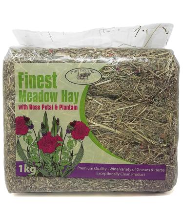 Pure Pastures Meadow Hay with Rose Petals & Plantain - Premium Rabbit Food and Guinea Pig Hay with added Flowers - 4x 1kg Bags Meadow Hay with Rose Petals & Plantain 1kg (Pack of 4)
