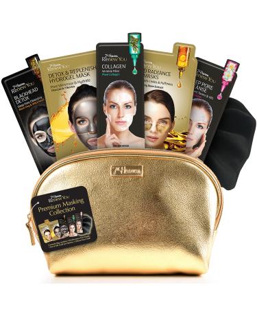 7th Heaven RenewYou Golden Luxury Skincare Gift Set - Contains a Variety of Face Masks to Cleanse and Hydrate Skin Gold Cosmetic Bag and Soft Cleansing Face Cloth