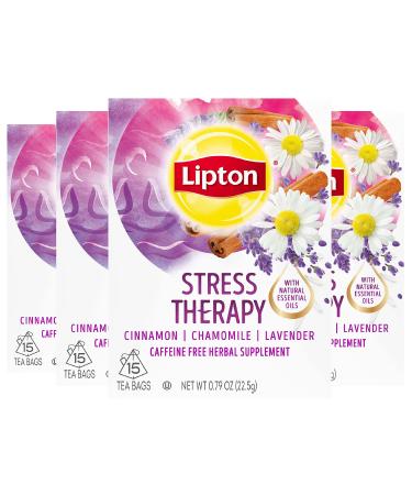Lipton Stress Therapy Herbal Supplement Tea Bags For a Relaxing Hot Beverage Cinnamon Chamomile and Lavender Caffeine Free Tea Blend 15 count, Pack of 4