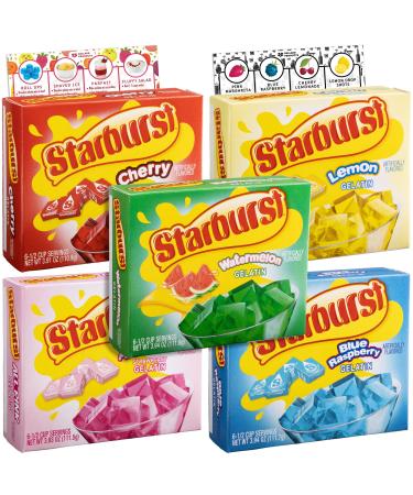Starburst Gelatin Variety Pack of 5 | 1 Box Each - Watermelon, Blue Raspberry, All Pink Strawberry, Lemon and Cherry | Bundled with Ballard Jello Shot Recipe Card and Ballard Cold Treats Recipe Card