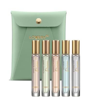 LOVERY Valentines Day Gifts For Her and Him Perfume Set Pack of 5 - Perfume Sampler Sets for Women & Men with Leather Pouch - 10ml Mini Perfume for Travel Gifts Solo Scent & Layering Fragrances Floral