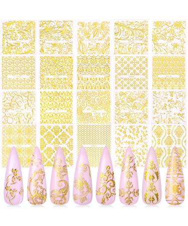 Gold Flowers Nail Art Sticker  KISSBUTY 20 Sheets Metallic Flowers Vine Nail Decals 3D Flower Lace Nail Adhesive Stickers Leaves Nail Art Decor Gold Floral Nail Decor Manicure