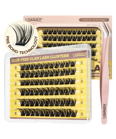 LASHVIEW Self Adhesive Lashes Clusters Eyelashes Press-on Lashes 10-16mm Individual Lash Extension Kit with Lash Tweezers No Glue Needed Natural Self Adhesive DIY Eyelash Extension Kit (F21) ZNF21