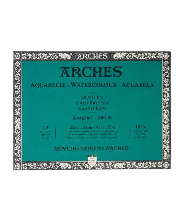 Arches Watercolor Block 9x12-inch Natural White 100% Cotton Watercolor Paper - 10 Sheets of Arches 300 lb Watercolor Paper Cold Press - Watercolor Paper Block for Gouache Ink Acrylic and More 9"x12"
