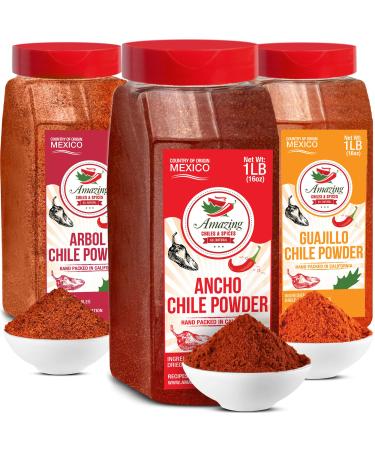 Chile Powder Variety Pack (48 oz Total) - Ancho, Guajillo and Arbol – Made From Pure Ground Dried Chiles. Staple in Mexican Recipes - Moles, Salsa, Sauces, Stews, Rubs, Tamales. By Amazing Chiles & Spices.