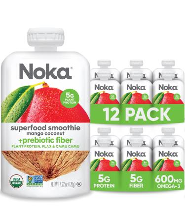 Noka Superfood Fruit Smoothie Pouches, Healthy Snacks (Mango Coconut) Pack of 12, Vegan, Gluten-Free, with Flax Seed, Prebiotic Fiber & Plant Protein, Organic Squeeze Pouch 4.22oz Each 4.22 Ounce (Pack of 12)