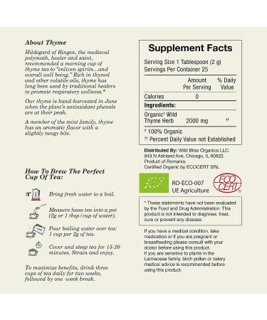 Organic Wild Thyme Tea - Caffeine-Free Loose Leaf Herbal Tea - 1.76 Oz - Pharmacopoeia Potency - Buy Online on SooperMarket.com