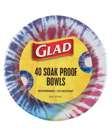 Glad Everyday Disposable Paper Bowls with Tie Dye Design | Soak Proof, Cut-Proof, Microwaveable Paper Bowls, Heavy Duty Disposable Bowls for Everyday Use | 16 Ounces, 40 Count Paper Bowls 16 Ounce - 40 Count