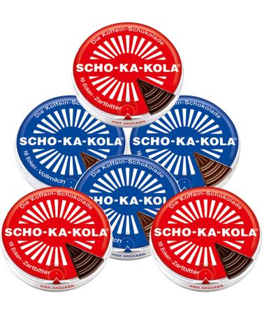 Dark Chocolate 3 tins x 100 g and Milk Chocolate 3 tins x 100 g SCHO-KA-KOLA with Natural Caffeine from Cocoa Cola-Nut-Powder and Coffee / Germany