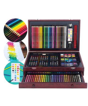 Art 101 Doodle and Color 142 Pc Art Set in a Wood Carrying Case Includes 24 Premium Colored Pencils A variety of coloring and painting mediums: crayons oil pastels watercolors Portable Art Studio Multicolor