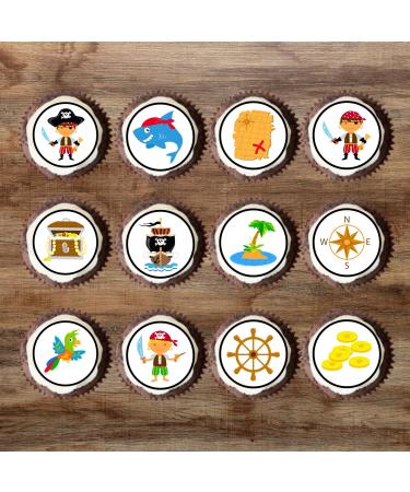 24 PRECUT Pirate Cupcake Toppers Pirates Theme #2 Edible Cake Decorations Edible Pirate Birthday Decorations Pirate Cake Topper Skull Cake Toppers Pirate Party Decorations (Pack of 24)