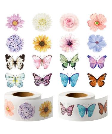 W1cwey 1000pcs Assorted Butterfly Flower Sticker Rolls(2 Rolls)  1.5 * 1 Inch 16 Design Colorful Butterfly Decals Decorative Flowers Cute Stickers Party Favor Decoration for Kids Luggage Scrapbook Butterfly and Flower