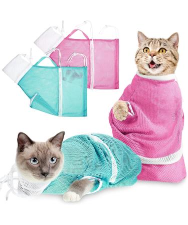 2 Pieces Cat Bathing Bag Shower Wash Net Anti Bite Anti Scratch Restraint Bag Breathable Multifunctional Cat Grooming Bag for Bathing Nail Trimming Examination Ears Clean Keep PET Calm (Pink Green)