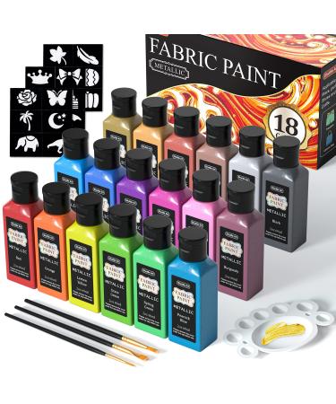 Metallic Fabric Paint  Shuttle Art 18 Metallic Colors Permanent Soft Fabric Paint in Bottles (60ml/2oz) with Brush and Stencils  Non-Toxic Textile Paint for T-shirts  Shoes  Jeans  Bags & DIY Projects