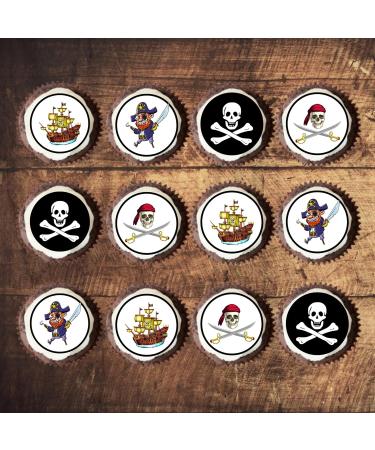 PRECUT Pirate Edible Cupcake Toppers - Pirates Theme Premium Thickness SWEETENED VANILLA - wafer card disc cake decorations (24) - Buy Online on SooperMarket.com