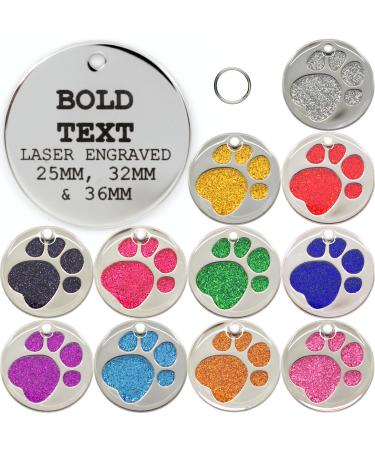 Personalised Engraved 25 32 & 36mm Glitter Paw Print Pet Tag. Bold Contrasting Text. Small Large & Very Large CAT/Dog ID Tags (Red 32mm (Medium & Large Dogs)) 32mm (medium & large dogs) Red